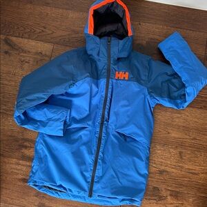 EUC Helly Hansen Blue Hooded Ski Jacket with Orange Trim